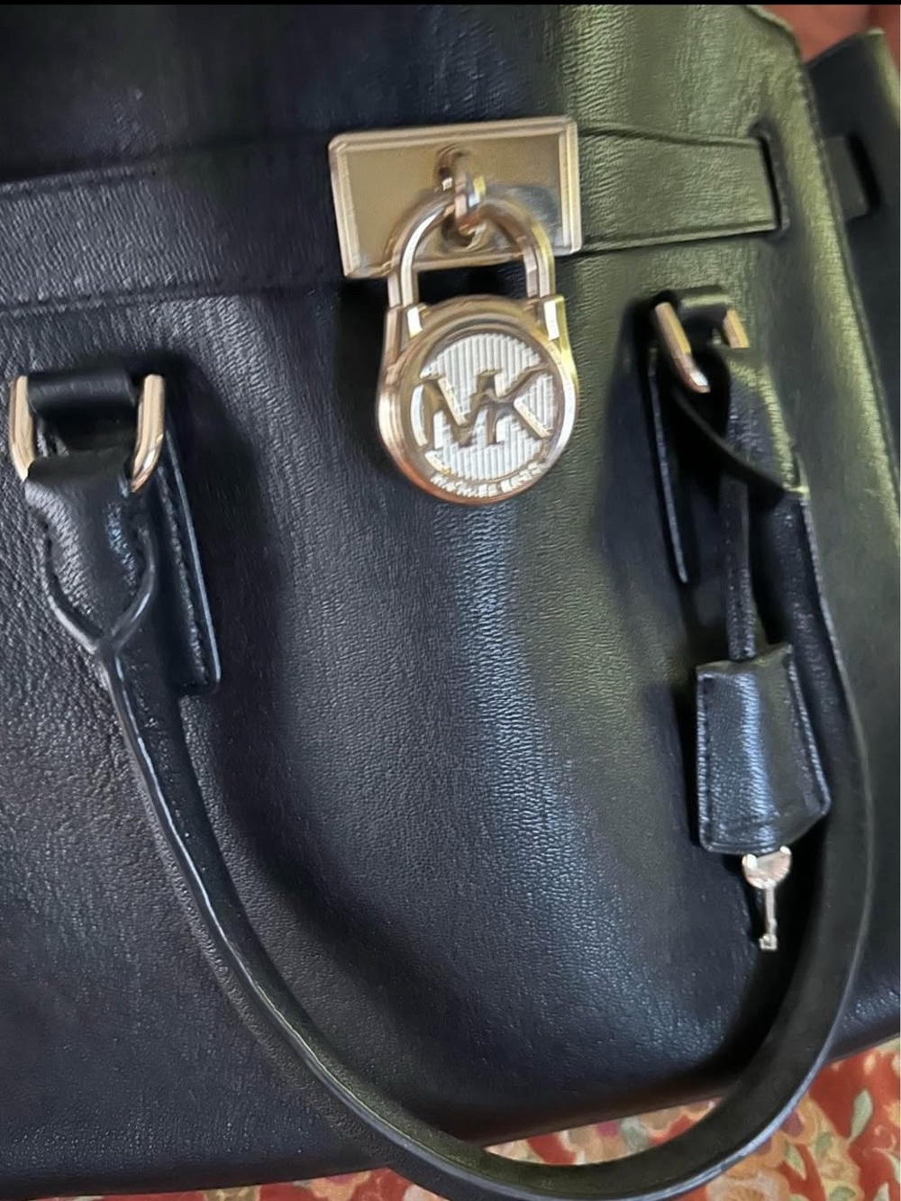 Michael Kors Black Leather Satchel with Gold MK Padlock